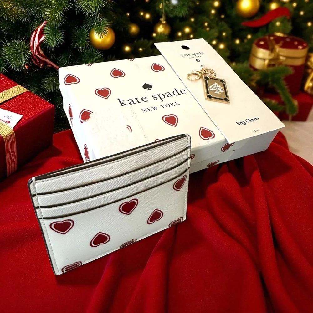 Kate Spade Madison Heartfelt Geo Cream & Red  Card Holder New in Gift Box